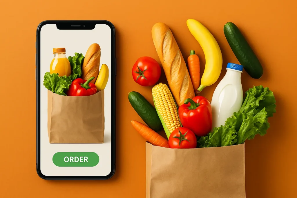Smartphone with grocery delivery app and fresh groceries spilling from a paper bag on orange background