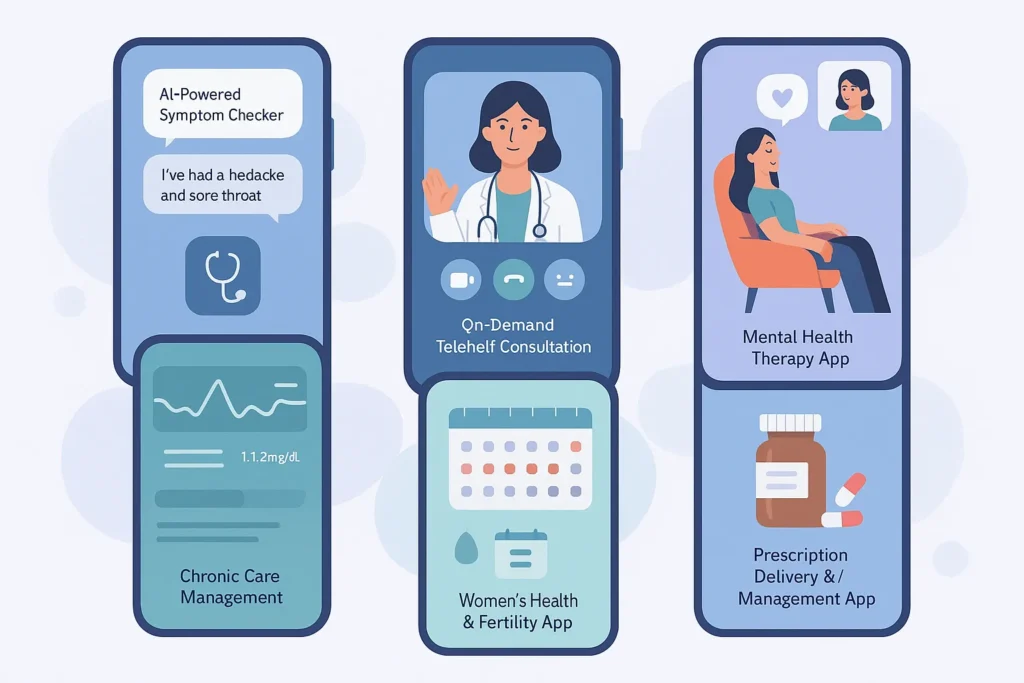 Illustration of six healthcare and telemedicine mobile apps including AI symptom checker, video consultation, mental health therapy, and prescription delivery