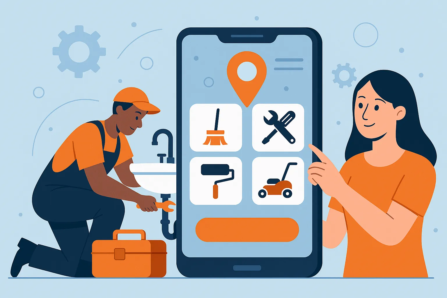 Illustration of a handyman fixing a sink beside a woman using a home services marketplace app on her phone