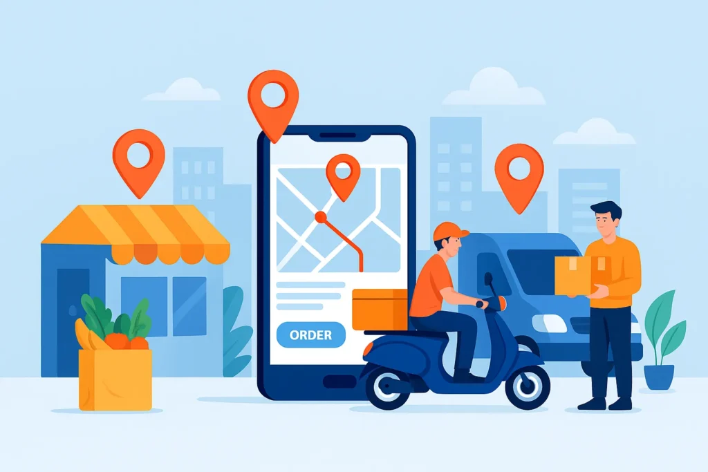 Illustration of hyperlocal delivery app concept with delivery person, customer, store, and smartphone app map in urban setting