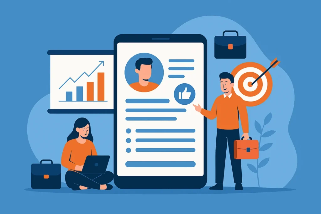 Illustration of people using a job and career app with graphs, resumes, and target icons representing career opportunities in 2025