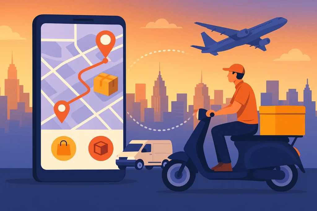 Illustration of a logistics delivery app concept with courier on scooter, app map interface, delivery van, and airplane over city skyline