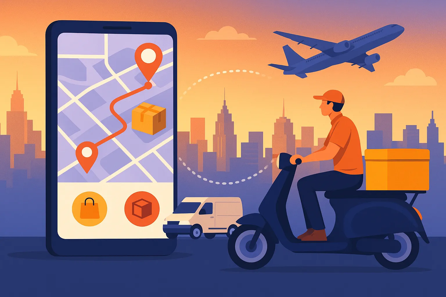 Illustration of a logistics delivery app concept with courier on scooter, app map interface, delivery van, and airplane over city skyline