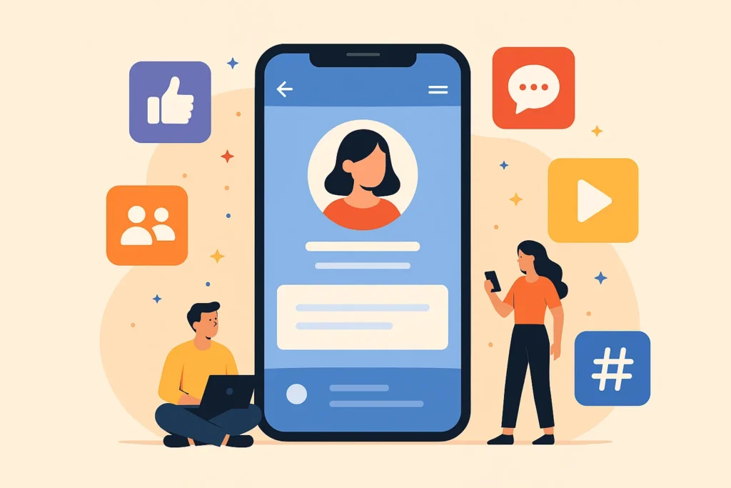 Illustration of users interacting with a large smartphone displaying a social networking profile, surrounded by colorful app icons — ideal for a 2025 startup blog