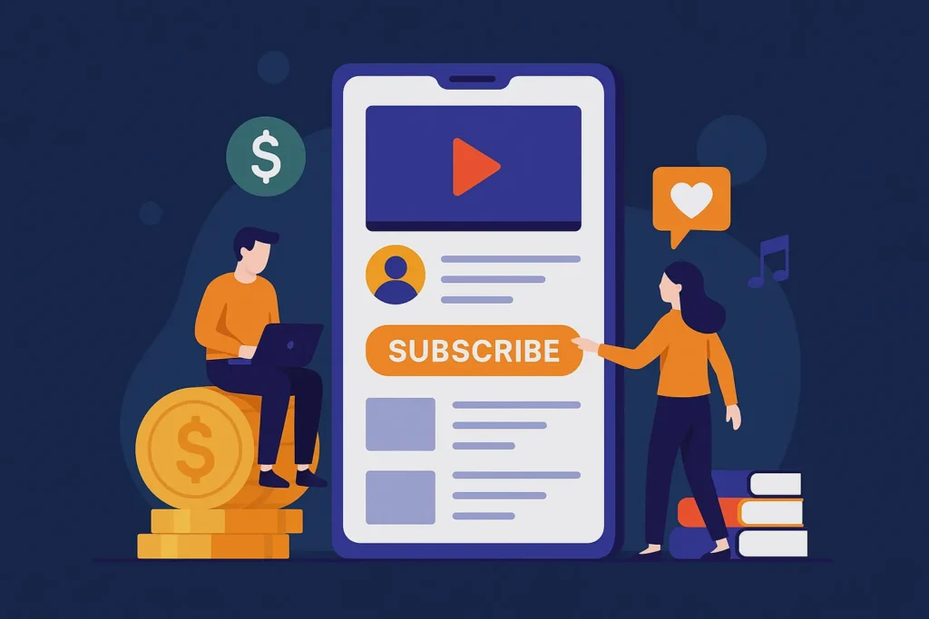 Illustration of people interacting with a mobile subscription content app, symbolizing profitable app ideas for 2025 startups