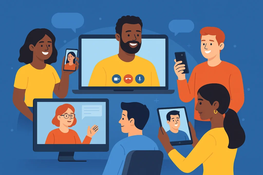 Illustration of people using video calling apps on phones, tablets, and computers, representing profitable app opportunities in 2025