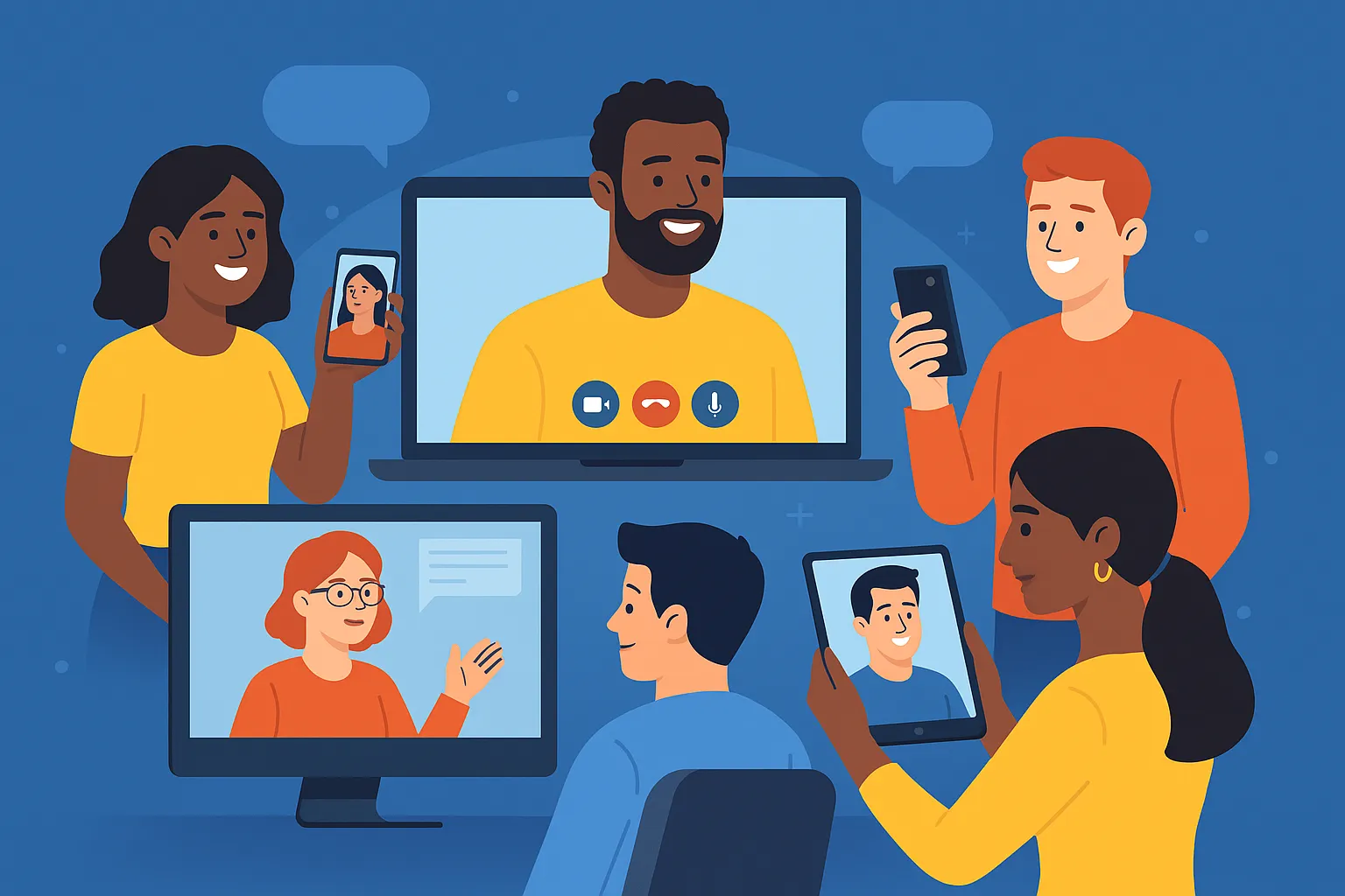 Illustration of people using video calling apps on phones, tablets, and computers, representing profitable app opportunities in 2025