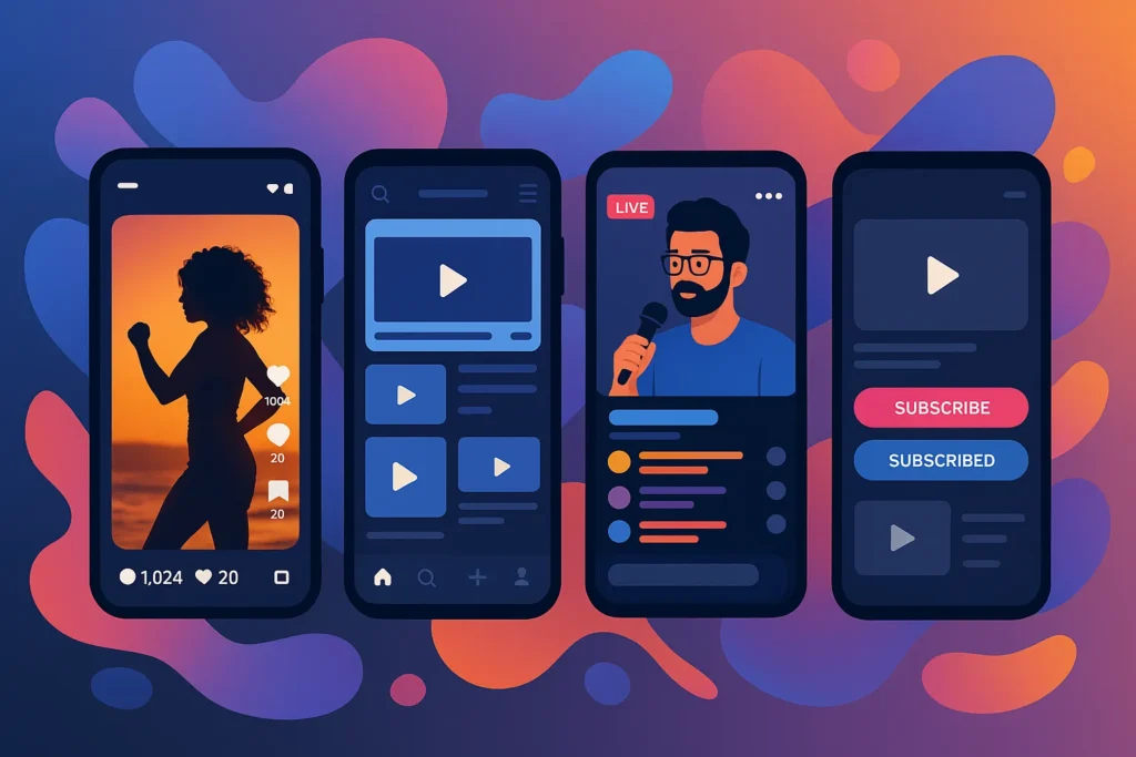 Illustration of four smartphone screens displaying various video-sharing app types including short videos, educational content, live streaming, and subscription-based models