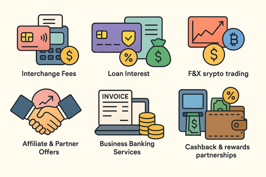 Visual infographic showing various revenue sources of a neobank