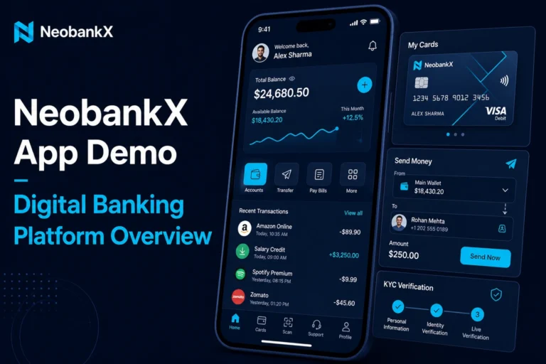 NeobankX app demo showing a digital banking mobile interface with wallet balance, card management, money transfer, transactions, and KYC verification.