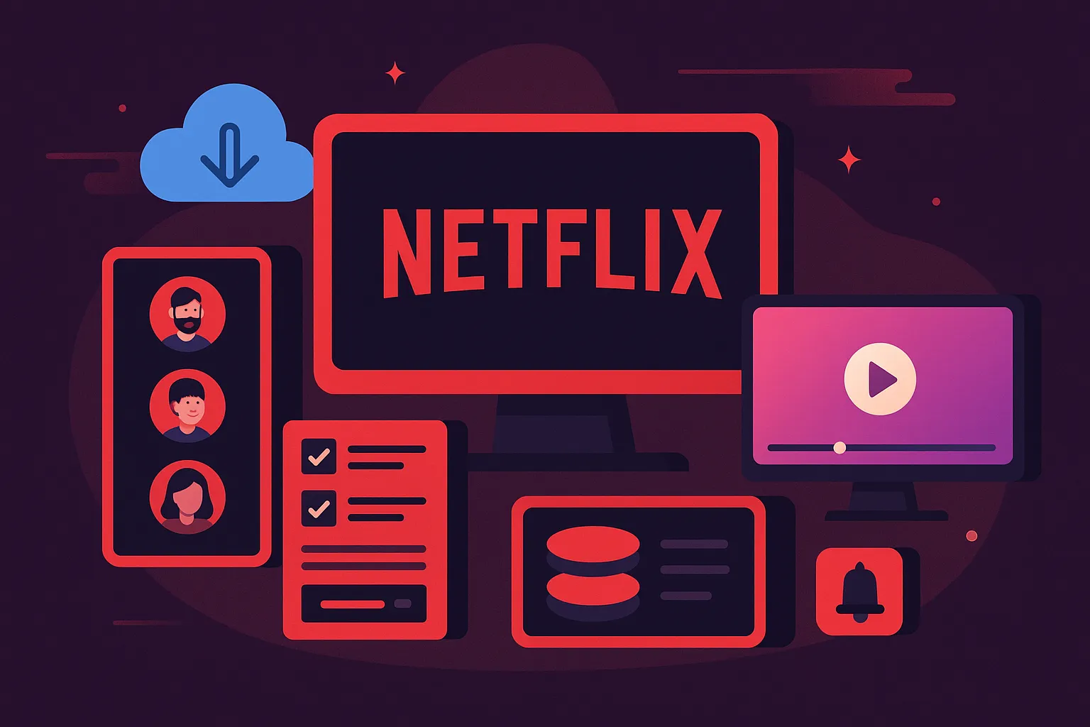 Netflix streaming features illustration with profiles, downloads, play button, and multi-device support in a red and purple interface