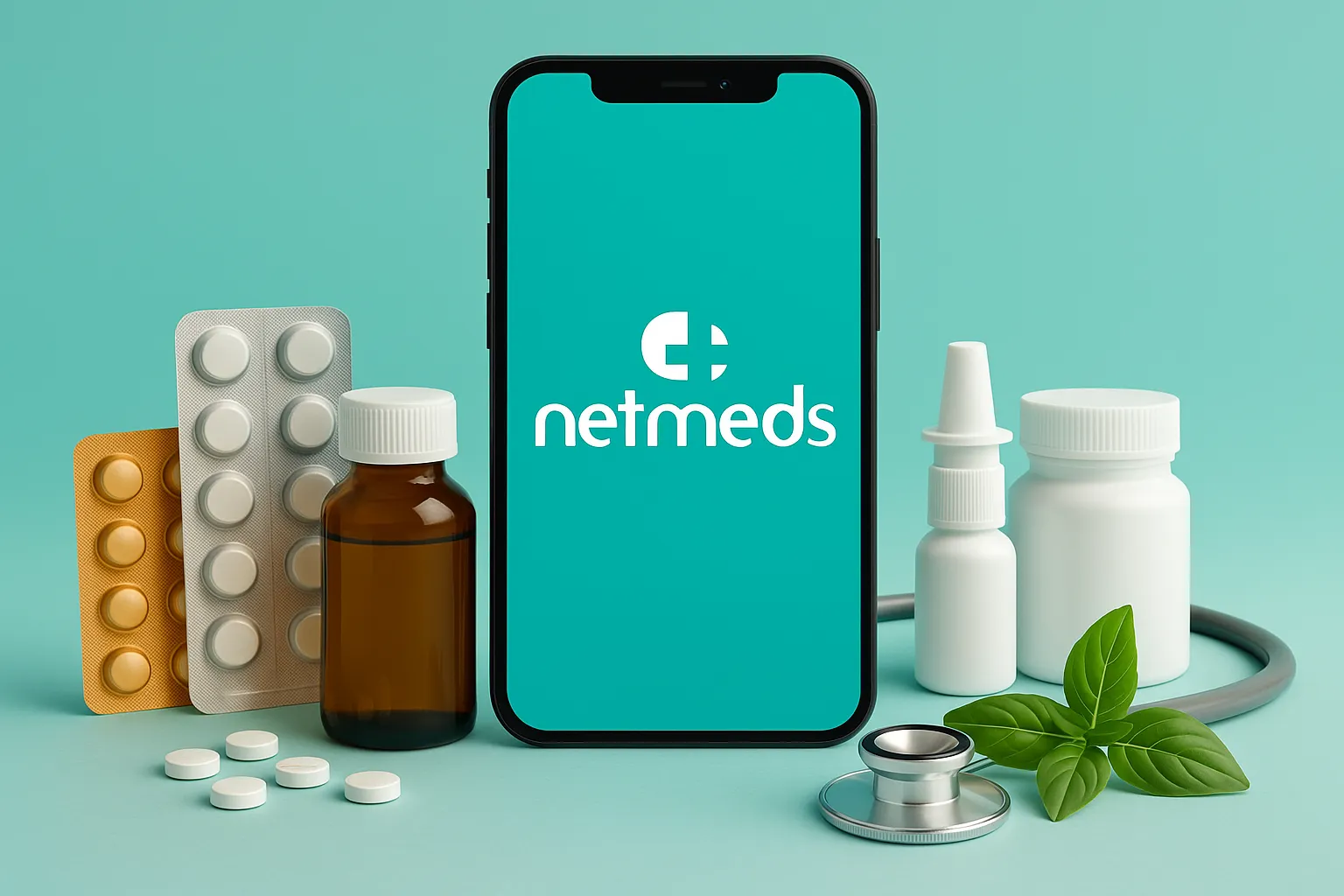 Business Model of Netmeds online pharmacy app with delivery box and healthcare icons