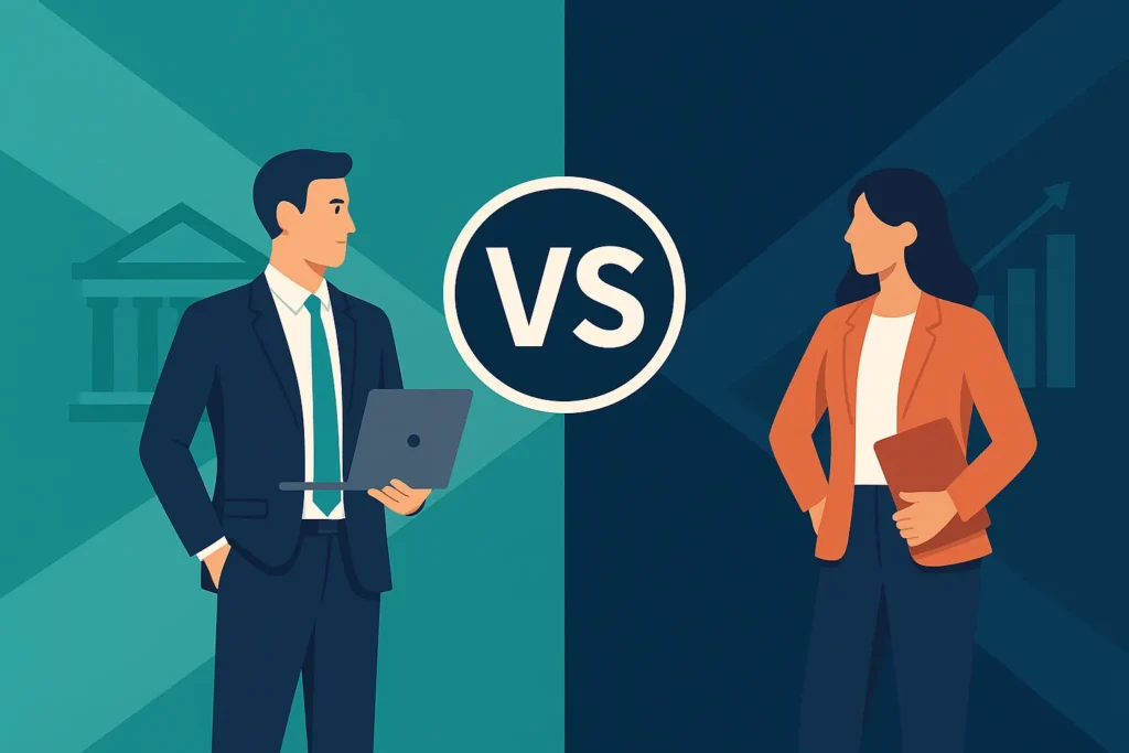 Business comparison concept with two entrepreneurs representing Netmeds and Parcto models