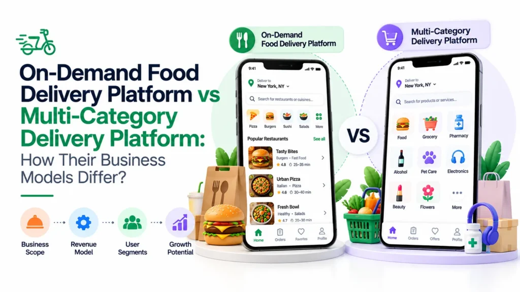 On-demand food delivery platform compared with a multi-category delivery platform across business scope, revenue model, user segments, and growth potential.