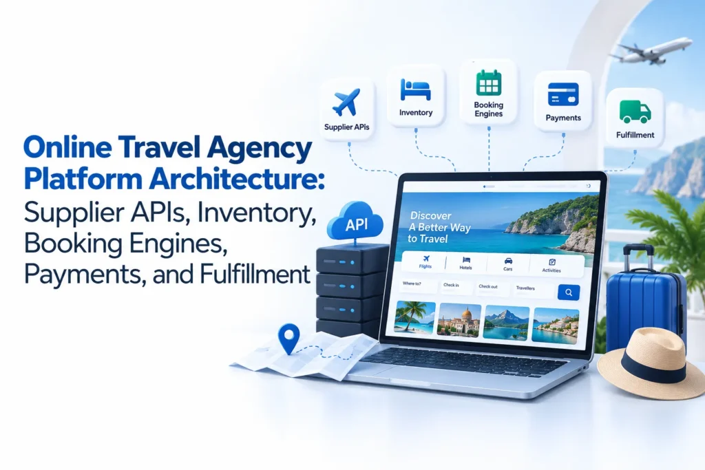 Online travel agency platform architecture showing supplier APIs, inventory, booking engines, payments, and fulfillment systems.