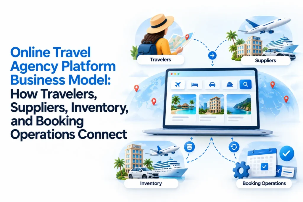 Online travel agency platform business model showing how travelers, suppliers, inventory, and booking operations connect through a centralized travel booking system.