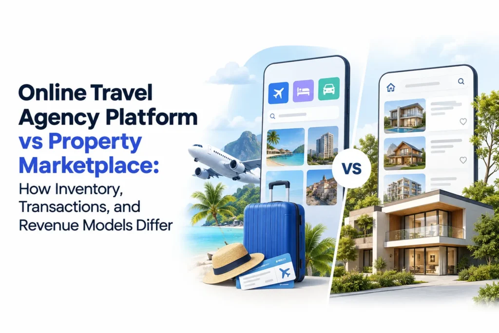 Online travel agency platform vs property marketplace comparison showing differences in inventory, transactions, and revenue models.