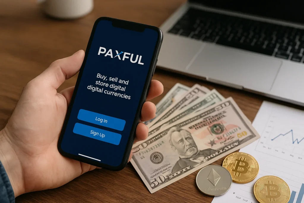 Person holding smartphone with Paxful app screen beside dollar bills, Bitcoin, and Ethereum coins on desk