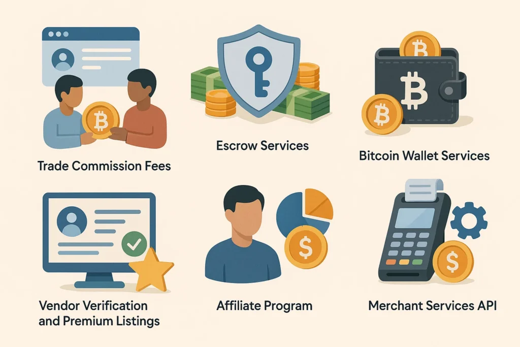 Infographic showing Paxful's revenue streams including trade commission fees, escrow services, bitcoin wallet, premium listings, affiliate program, and merchant services