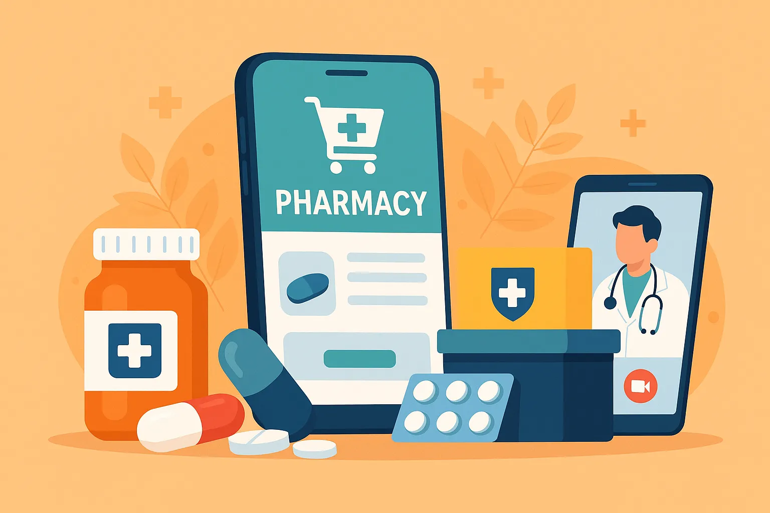 Pharmacy marketplace app interface with pills, prescription bottle, delivery box, and doctor consultation on mobile screens
