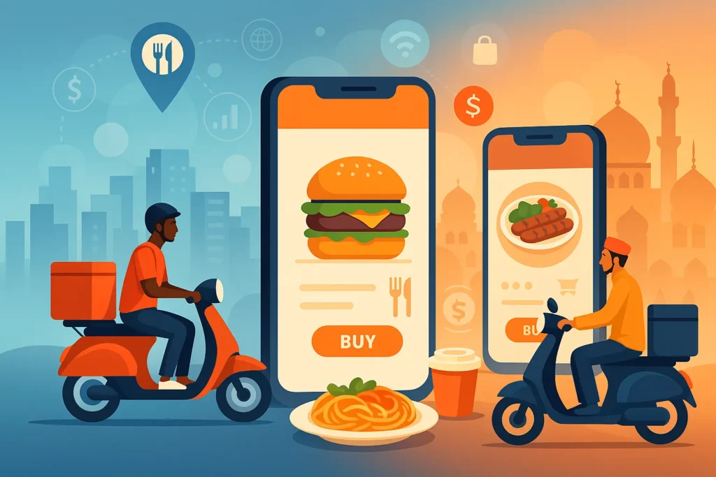 : Illustration comparing Postmates and Talabat delivery models in urban and Middle Eastern environments