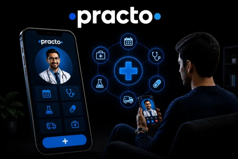 Practo clone app interface showing healthcare appointment booking, online doctor consultation, and telemedicine services on a mobile device.