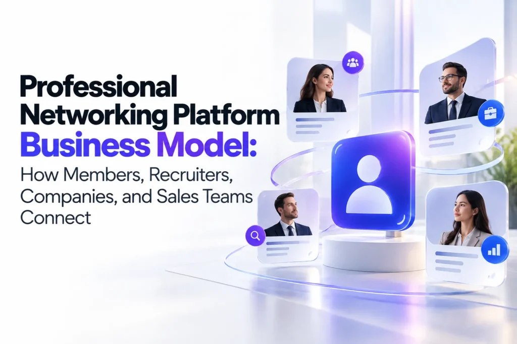Professional networking platform business model connecting members, recruiters, companies, and sales teams