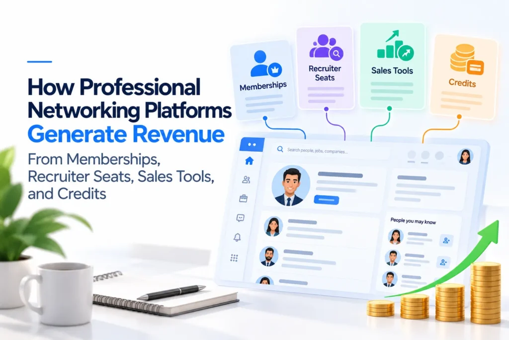 Professional networking platform revenue model with memberships, recruiter seats, sales tools, and credits