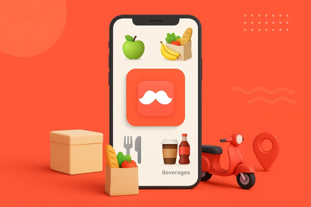 Illustration of Rappi super app services with delivery and fintech icons