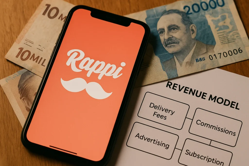 Rappi app open on smartphone beside currency notes and a revenue model chart with delivery fees, commissions, advertising, and subscription listed.
