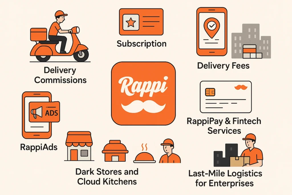 Infographic of Rappi’s business model showcasing delivery commissions, subscriptions, delivery fees, RappiPay services, ads, cloud kitchens, and enterprise logistics.