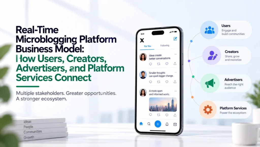 Real-time microblogging platform business model connecting users, creators, advertisers, and platform services