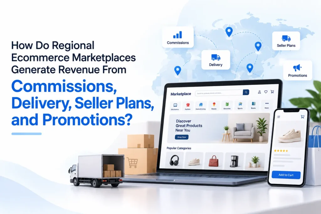 Regional ecommerce marketplace revenue model showing commissions, delivery fees, seller plans, and promotional revenue streams