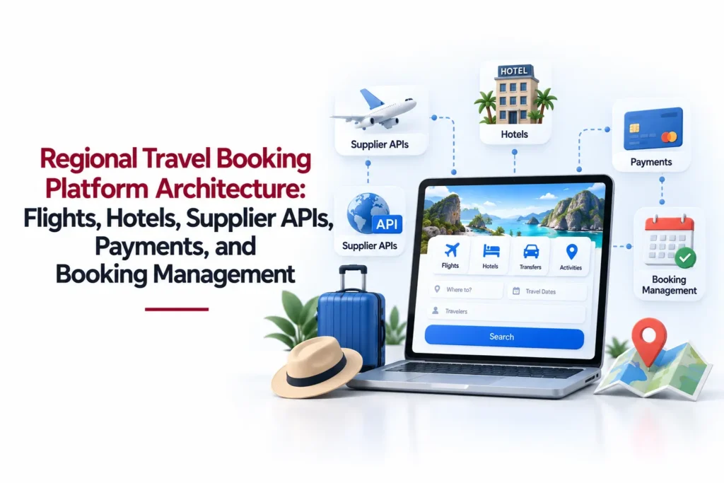 Regional travel booking platform architecture with flights, hotels, supplier APIs, payments, and booking management