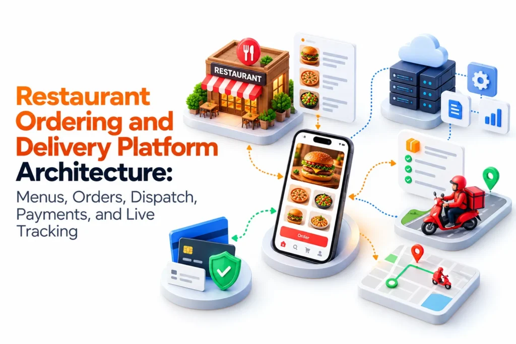 Restaurant ordering and delivery platform architecture showing menu management, order processing, rider dispatch, secure payments, and live delivery tracking.