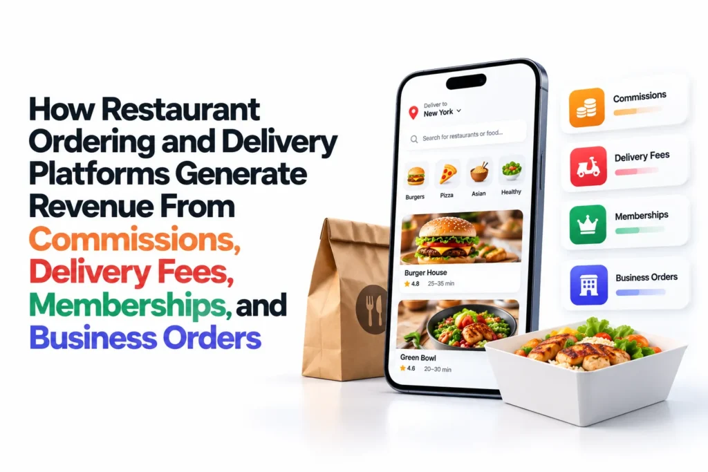 Restaurant ordering and delivery platform revenue model showing commissions, delivery fees, memberships, and business orders through a food delivery app.