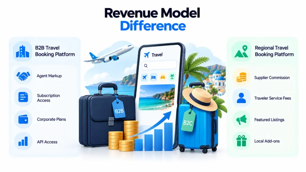 B2B Travel Booking Platform vs Regional Travel Booking Platform: How Their Business Models Differ 1 Revenue model difference between B2B travel booking platforms and regional travel booking platforms
