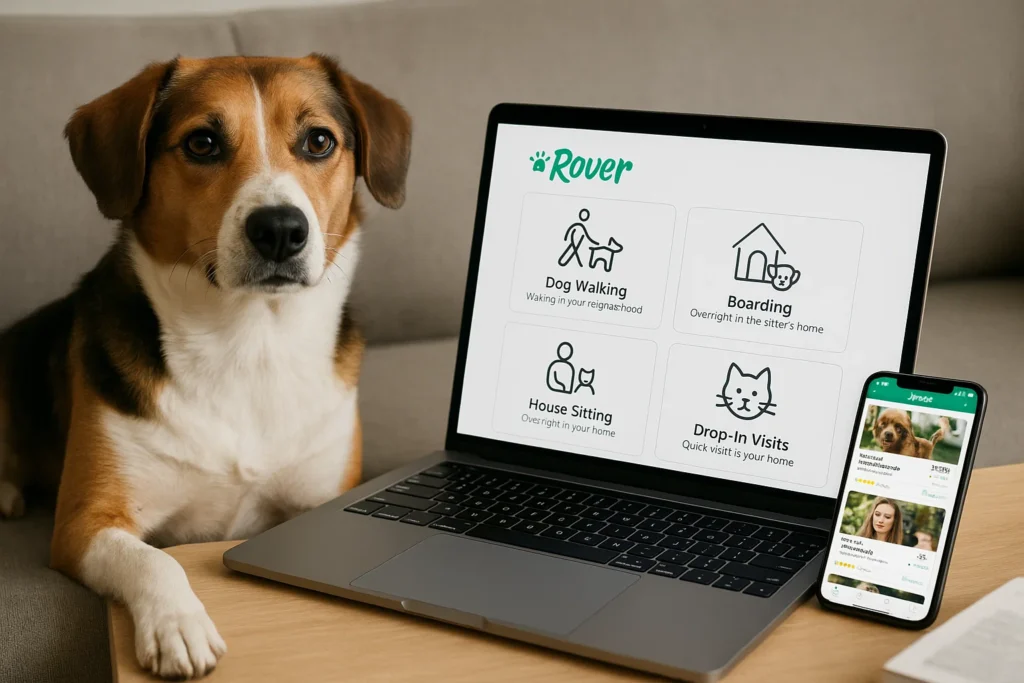 "Dog sitting near a laptop and phone displaying Rover pet care app with service options"