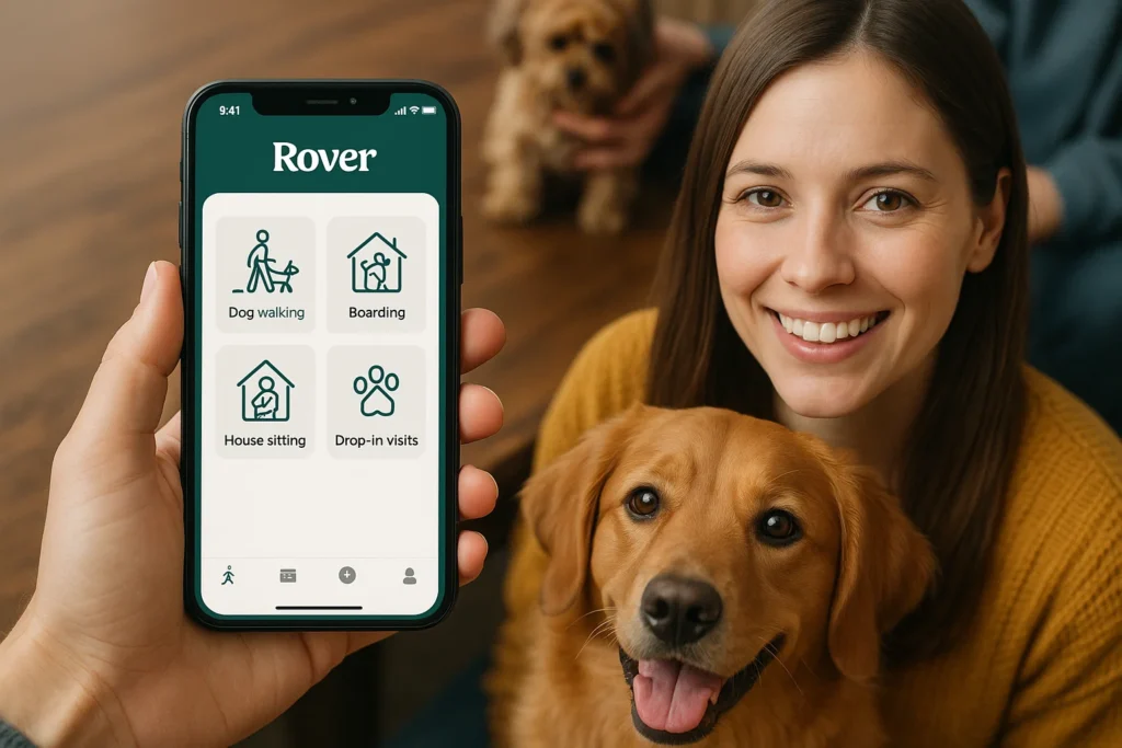 "Woman smiling with her dog while using Rover app showing dog walking, boarding, house sitting, and drop-in visits"