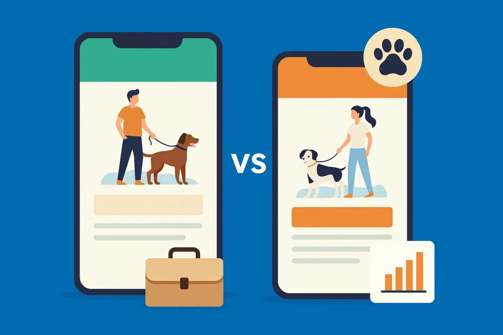 Two pet service mobile app interfaces with dog walkers and pets facing off in a side-by-side comparison
