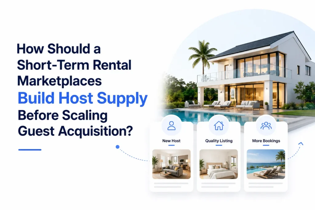 Short-term rental marketplace host supply strategy showing new host onboarding, quality listings, and booking growth before guest acquisition.