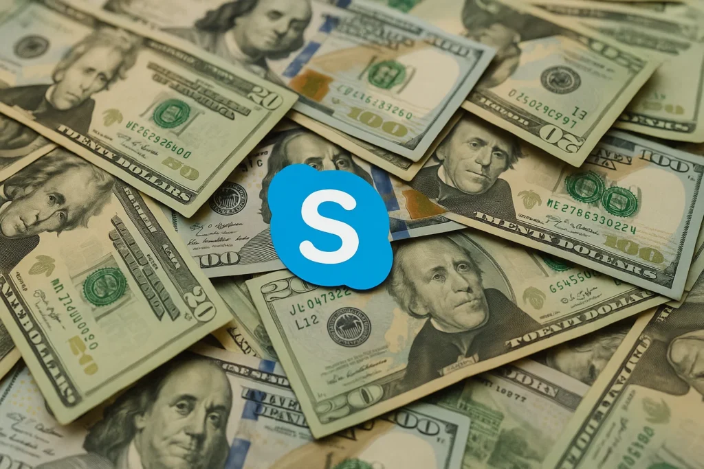"Skype logo on top of scattered US dollar bills representing monetization and revenue generation"
