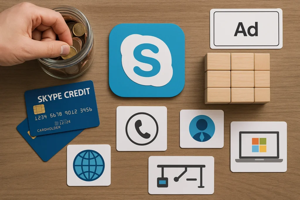 "Skype logo with credit cards, ad label, and communication icons representing revenue streams like credits, ads, and subscriptions"

