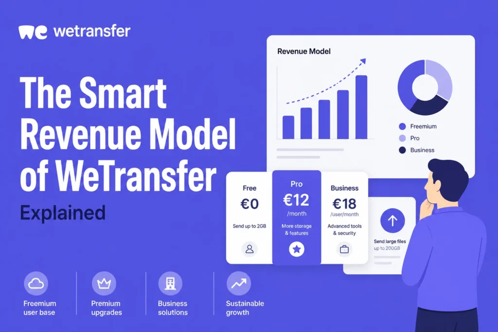 WeTransfer revenue model illustration showing freemium pricing, pro and business plans, and file transfer features