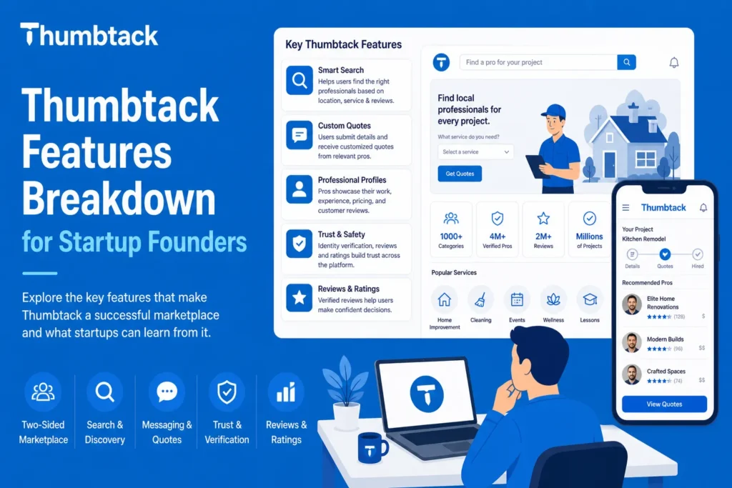 Thumbtack marketplace features including smart search, custom quotes, professional profiles, and reviews system