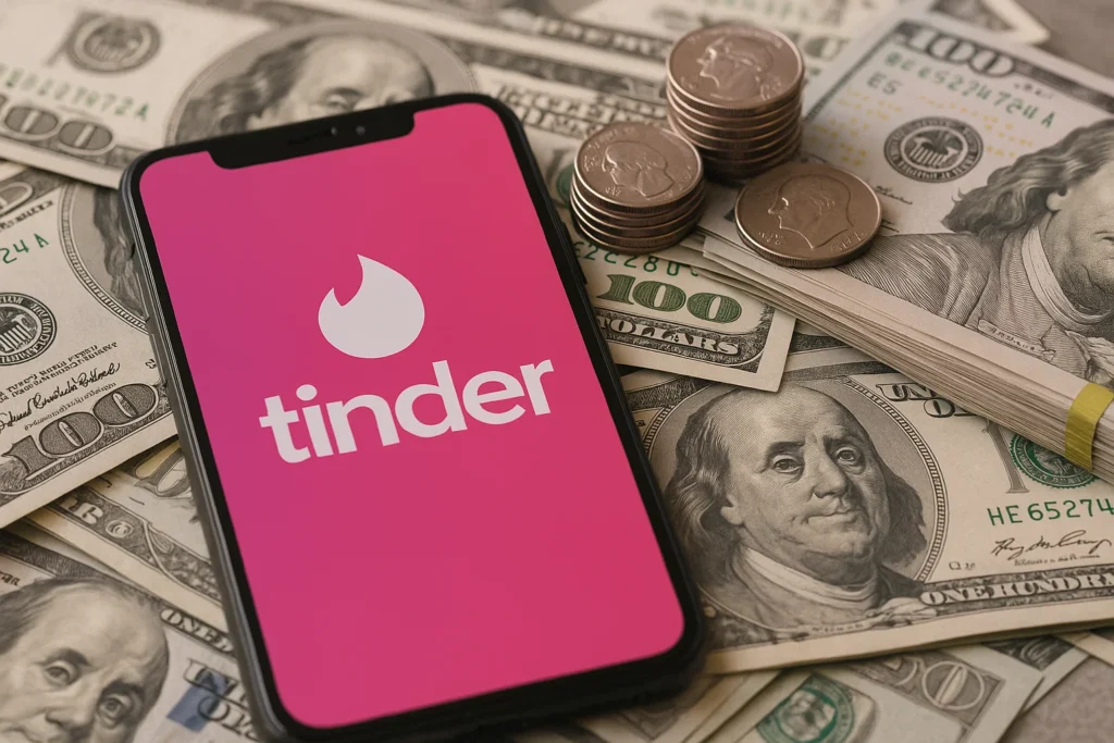 Smartphone displaying Tinder app on a pile of US dollars and coins.