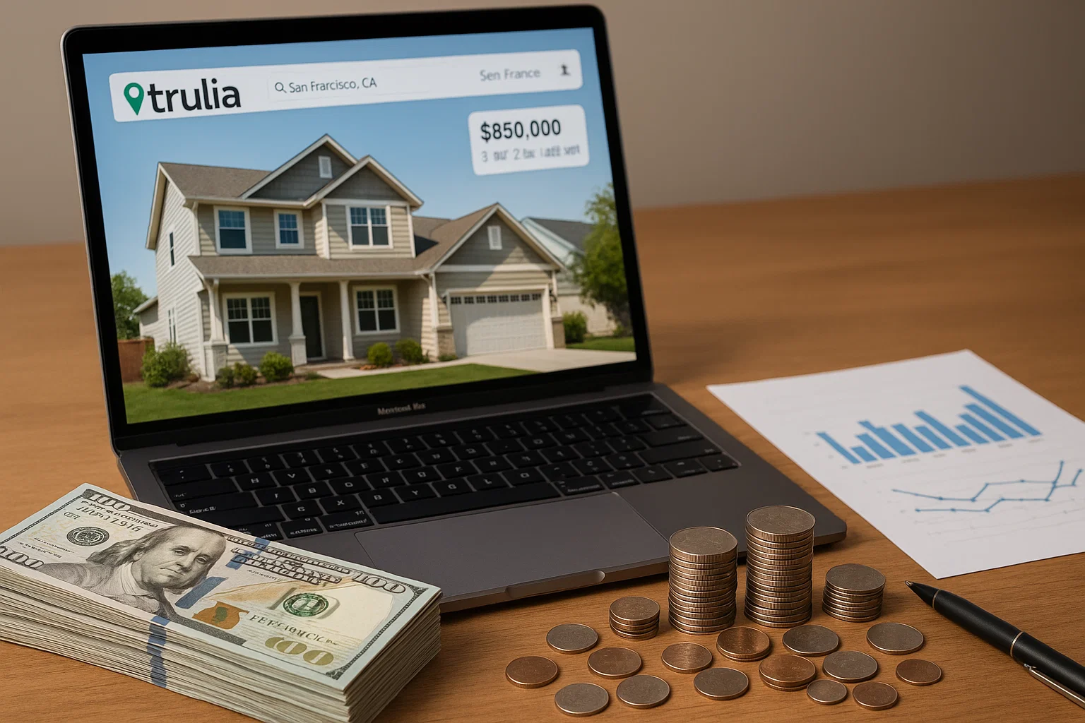 Laptop showing Trulia real estate listing for a house priced at $850,000 in San Francisco, with money stacks, coins, and a financial chart on a wooden desk.