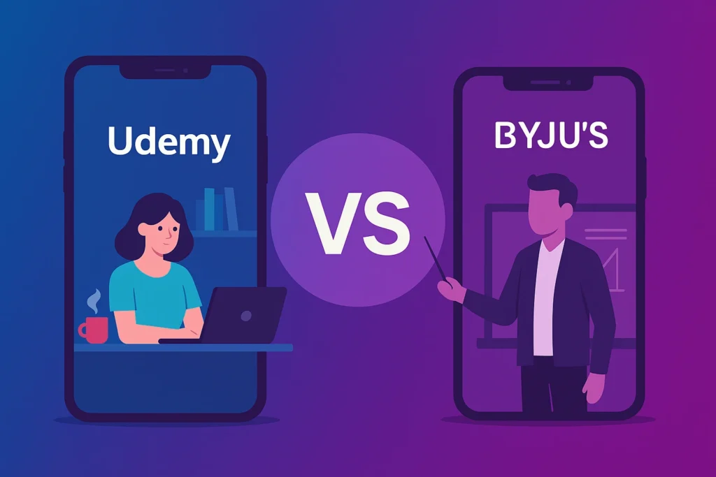 Creative illustration comparing Udemy and Byju’s EdTech platforms via smartphone visuals