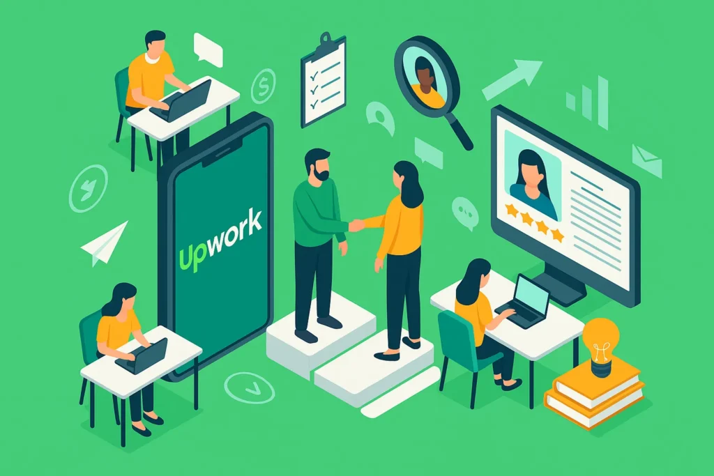 Illustration of freelancers and clients using Upwork for hiring, chatting, and managing projects