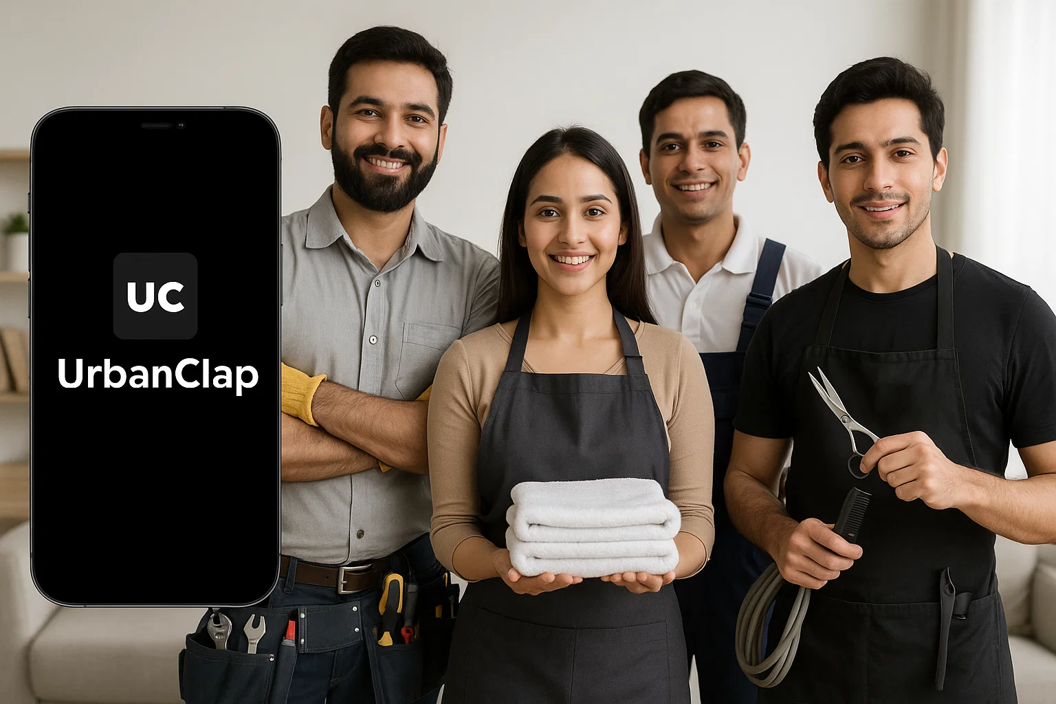 Group of UrbanClap professionals in uniforms standing beside smartphone with UC app logo.